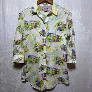 Chicos Button Up 0 4 6 100% Linen Long Atlantic Whimsical Town Southern Charm